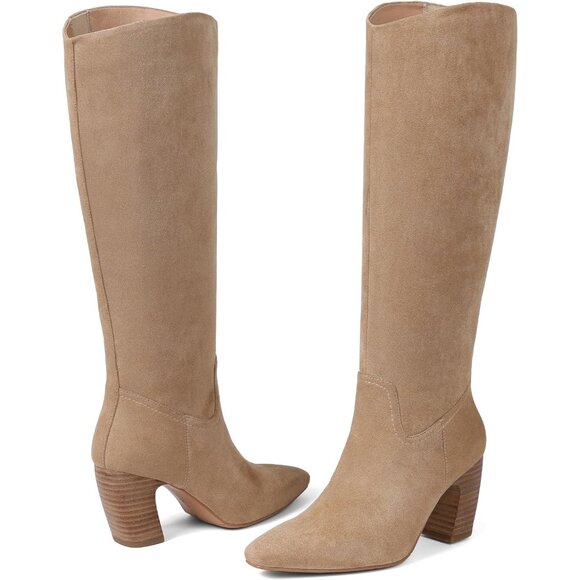 Women's Knee High Light brown Boot Square Toe Chunky Heel Wide Calf Zipper Boot - Picture 7 of 7